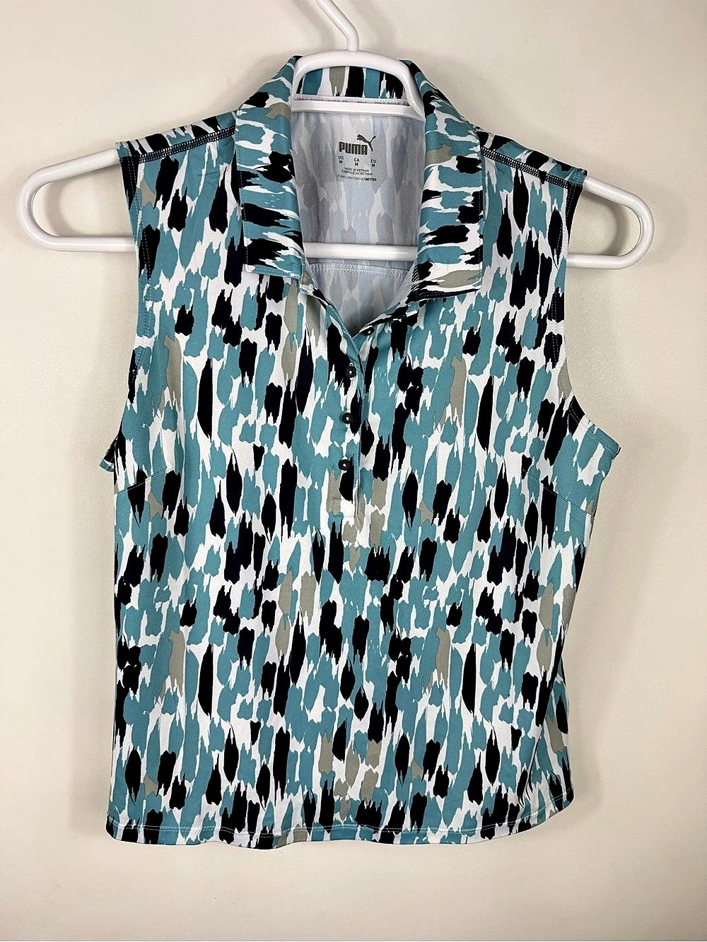 PUMA Women's Golf Sleeveless Collared Polo Abstract Stretch Blue M